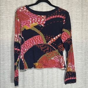 Anthropologie Pink and Black Abstract Long Sleeve Top Size M